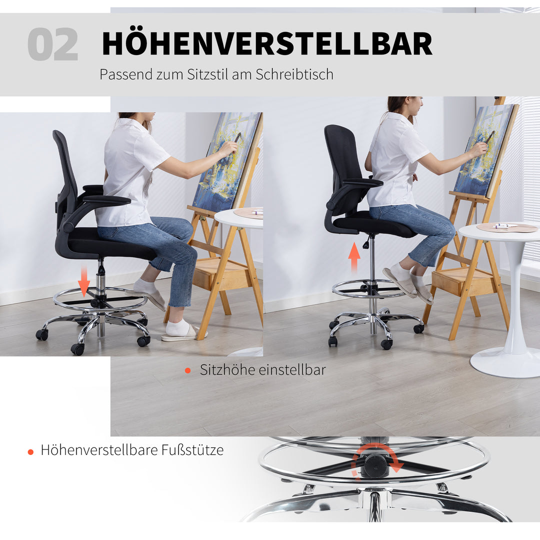 Tegnestol med lændestøtte, højdejusterbar, drejelig, til hjemmekontor, studie, kunstprojekter, sort