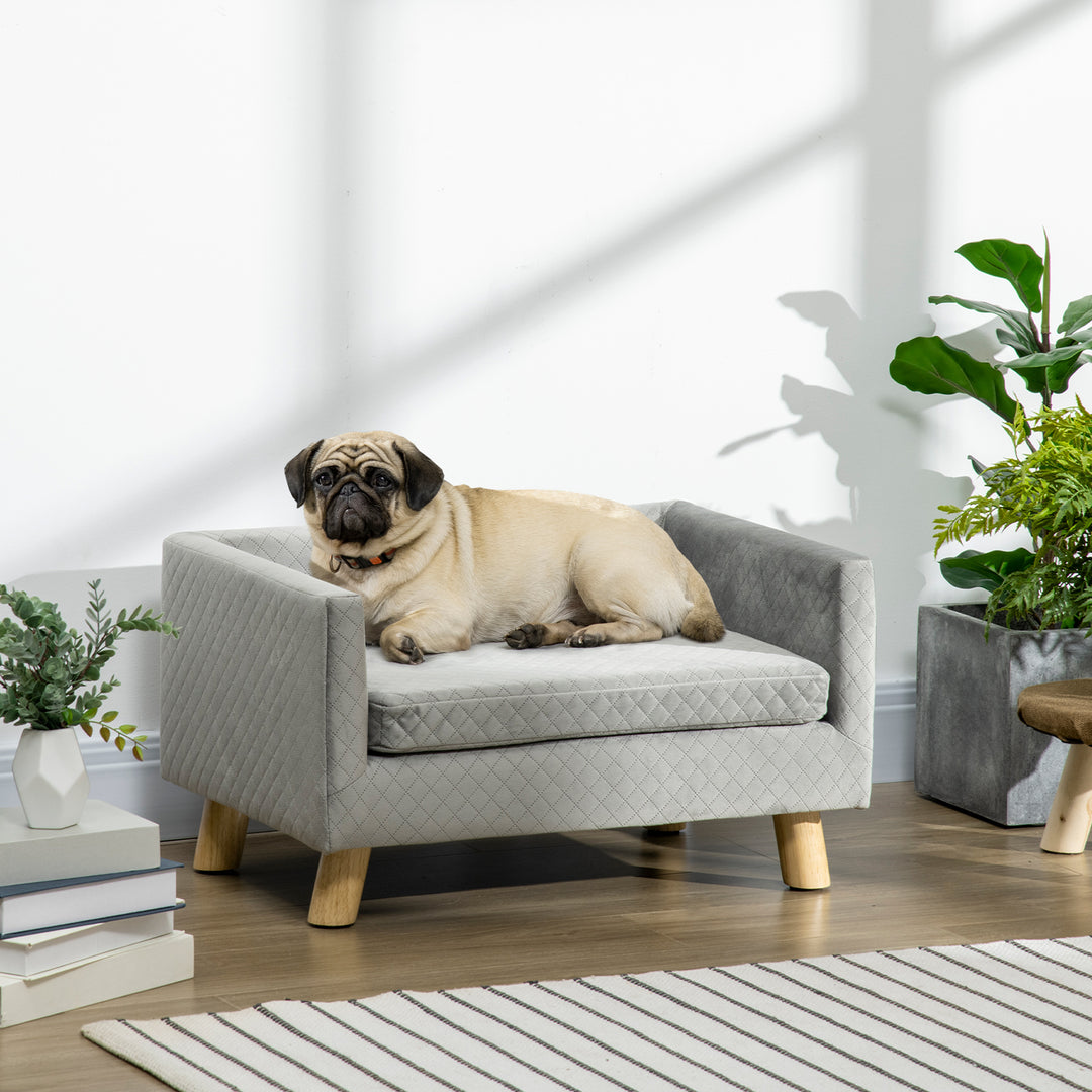 Hundesofa med træben, hundeseng, kæledyrssofa, hundemåtte til små hunde op til 8 kg, fløjlsagtig, grå, 64 x 45 x 36 cm