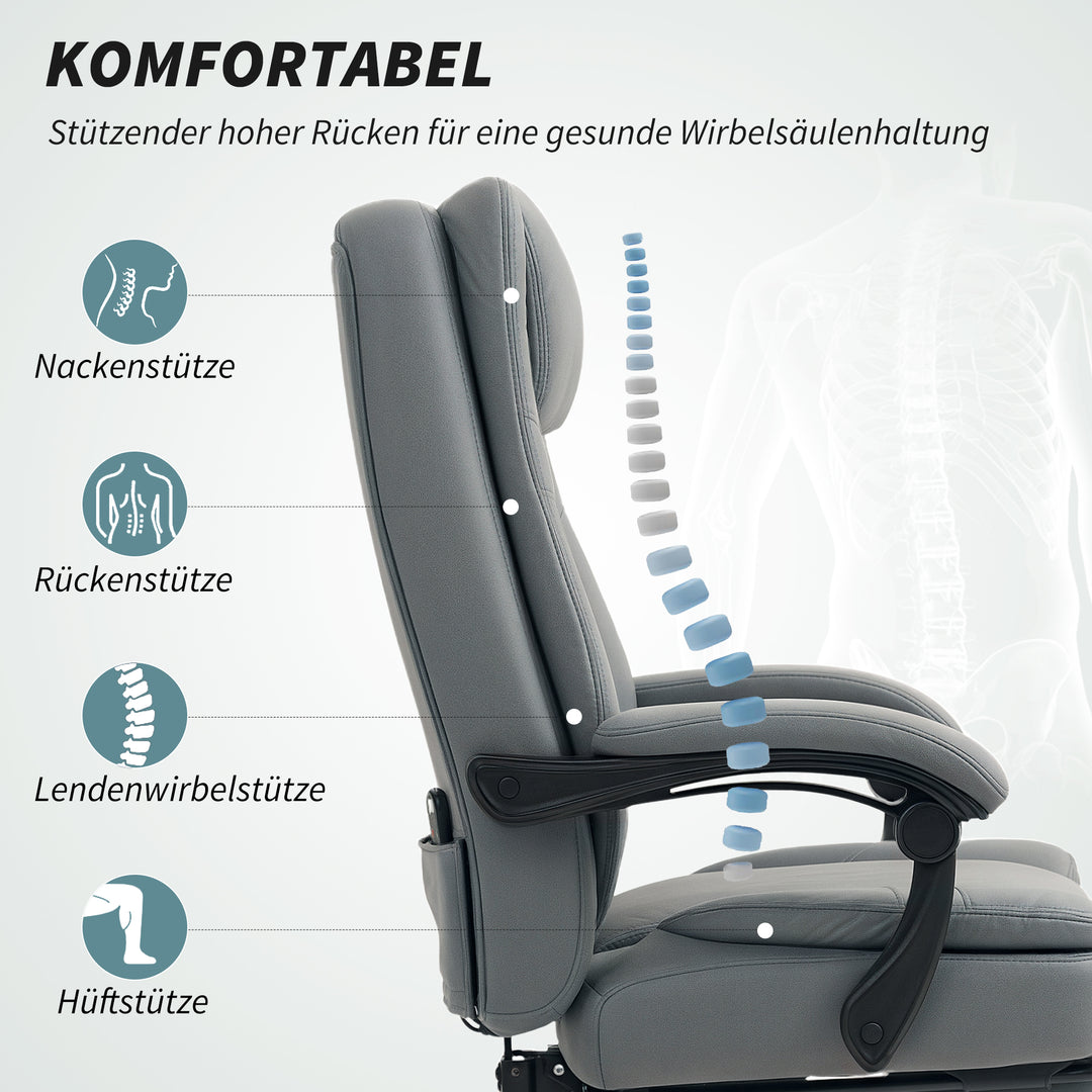 Kontorstol med massagefunktion, højdejusterbar skrivebordsstol med hvilefunktion, polstret, rullbar, grå