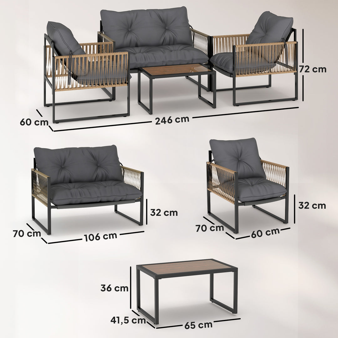 Havemøbelsæt, 4 dele, sofa, 2 stole, bord med glasplade, metalstel, polyrattan, antracit