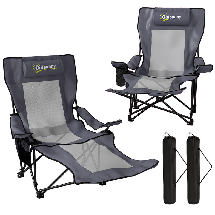 Sæt med 2 foldbare campingstole/fiskestole med justerbar ryglæn, fodstøtte, kopholder og nakkestøtte, mørkegrå