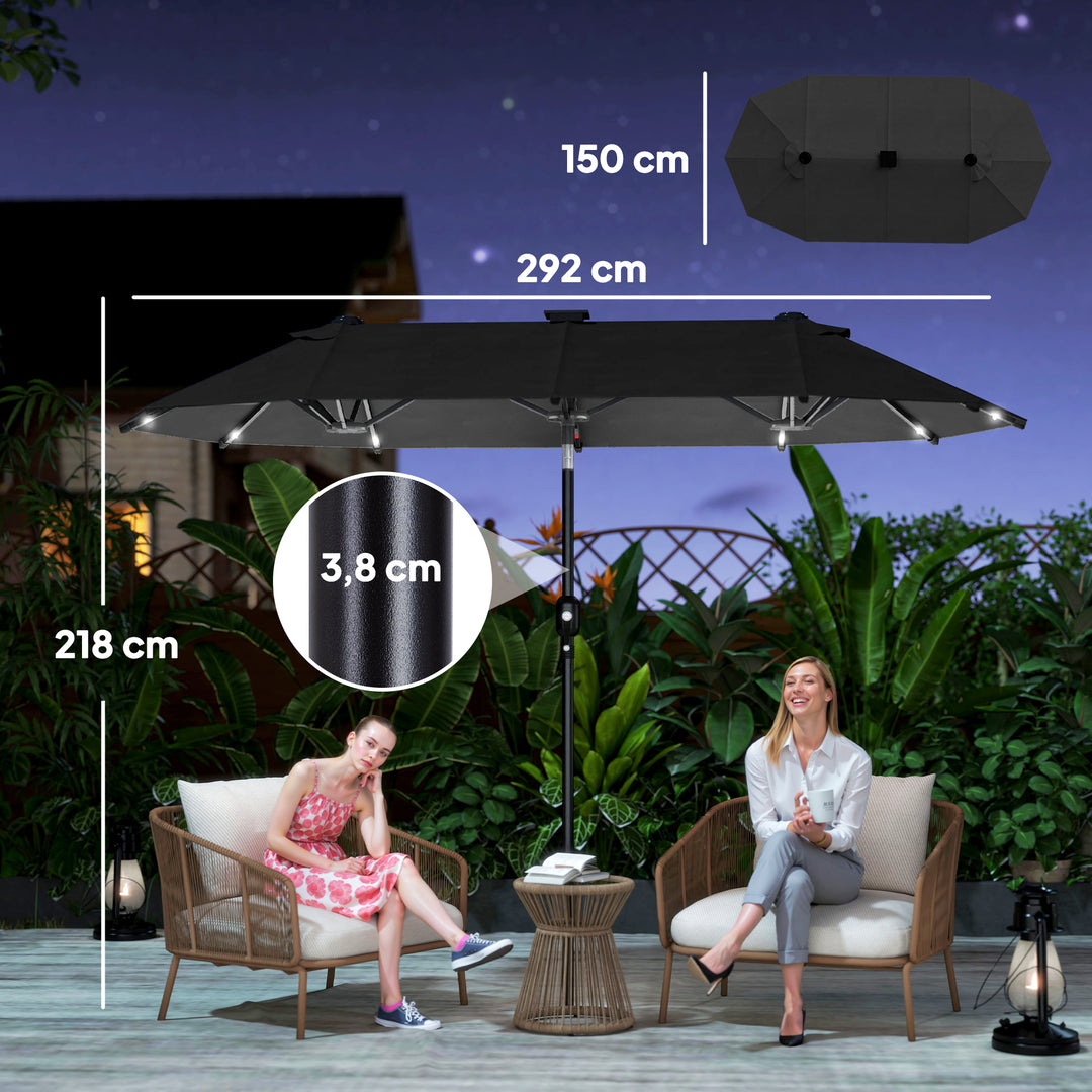 Dobbelt parasol, terrasseparasol, vipbar, med solpanel, 35 LED'er, stålramme, grå, 2,92 x 1,50 x 2,18 m
