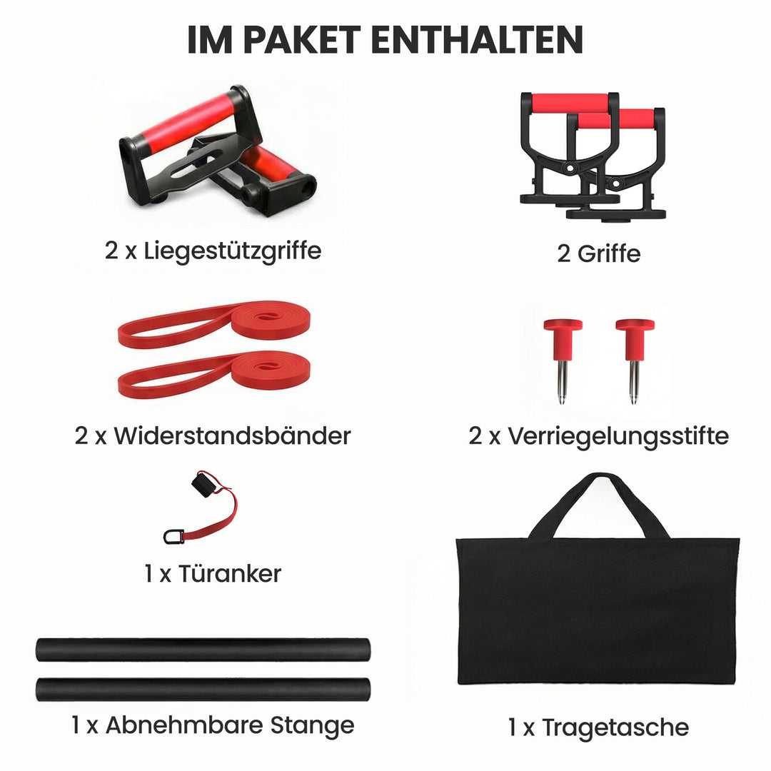 7-i-1 justerbart push-up-bræt med elastikker, hjul, døranker, foldbar