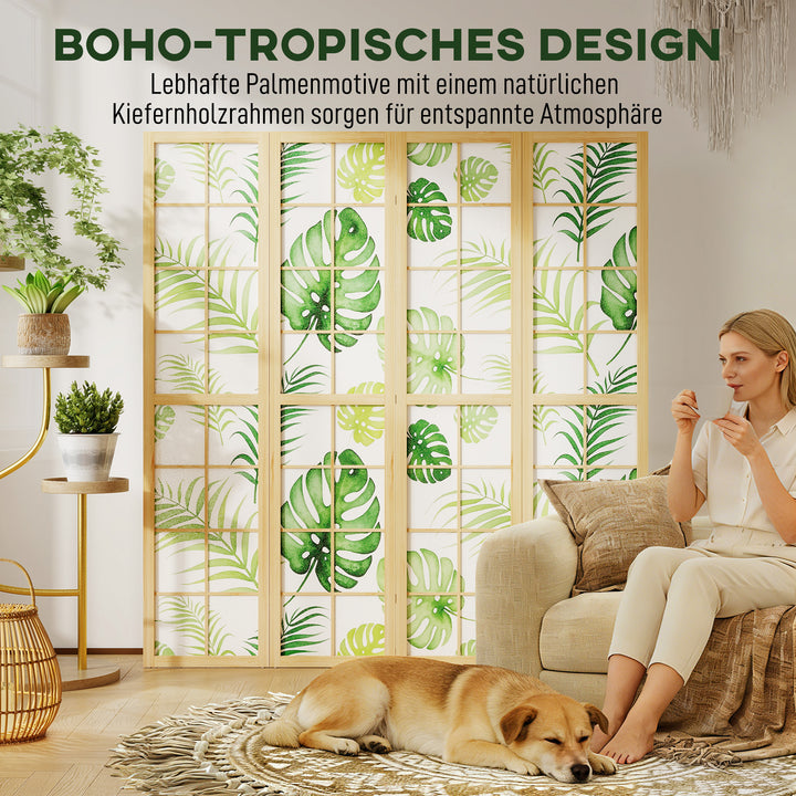 4-delt rumdeler, foldbar, boho design, tropisk motiv, fritstående rumdeler, træramme, grøn