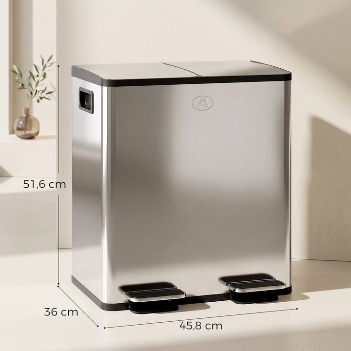 2 x 20 L dobbelte affaldsbeholdere, pedalåbning, nem at rengøre, rustfrit stål, plastik, sølv