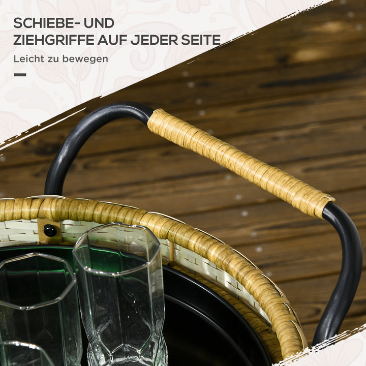 Udendørs serveringsvogn, 2 etager, bremser, polyrattan, metalramme, ø50 x 66h cm, gul