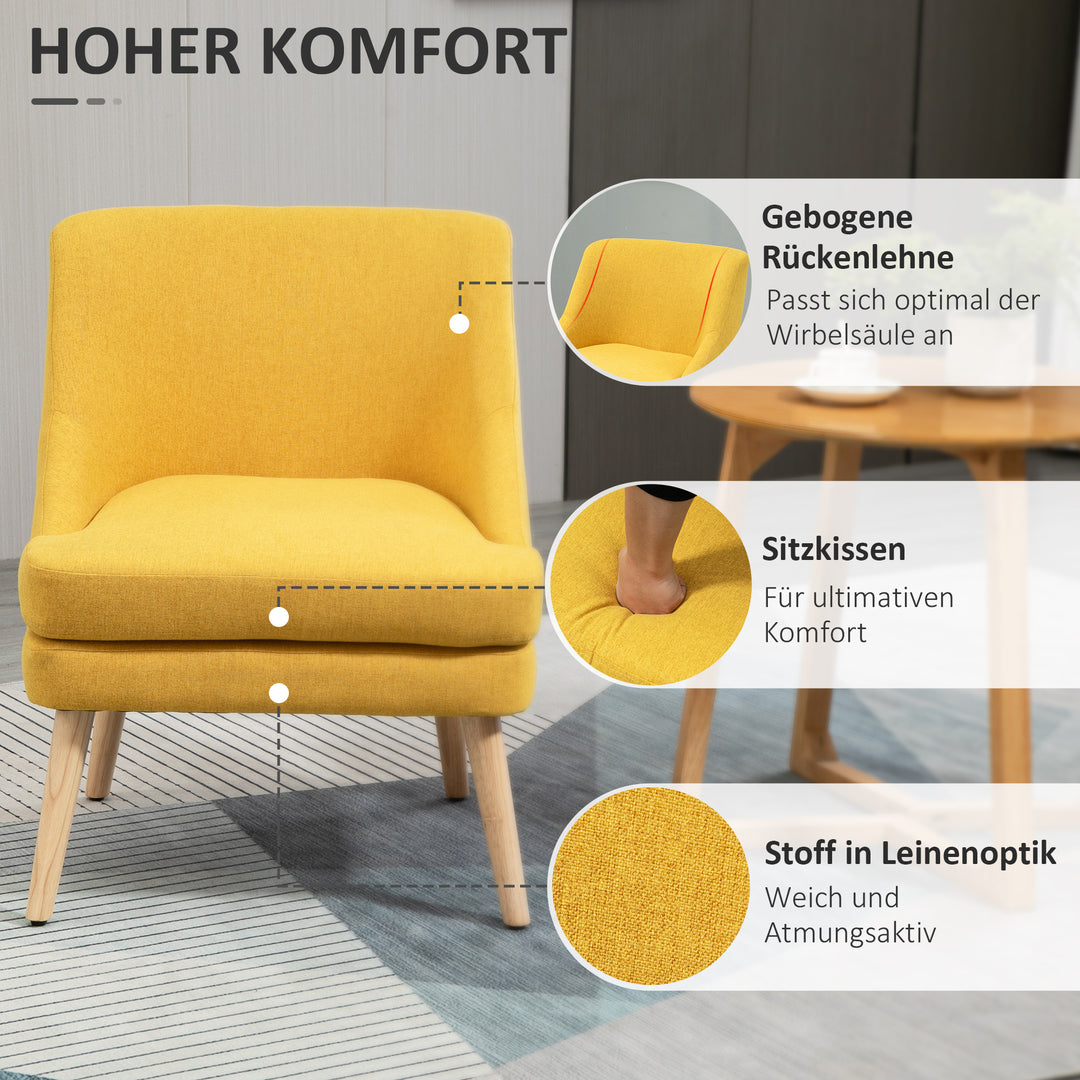 Lænestol loungestol med linnedlook, armlæn, polstret afslapningsstol med træben, til stue, soveværelse, gul