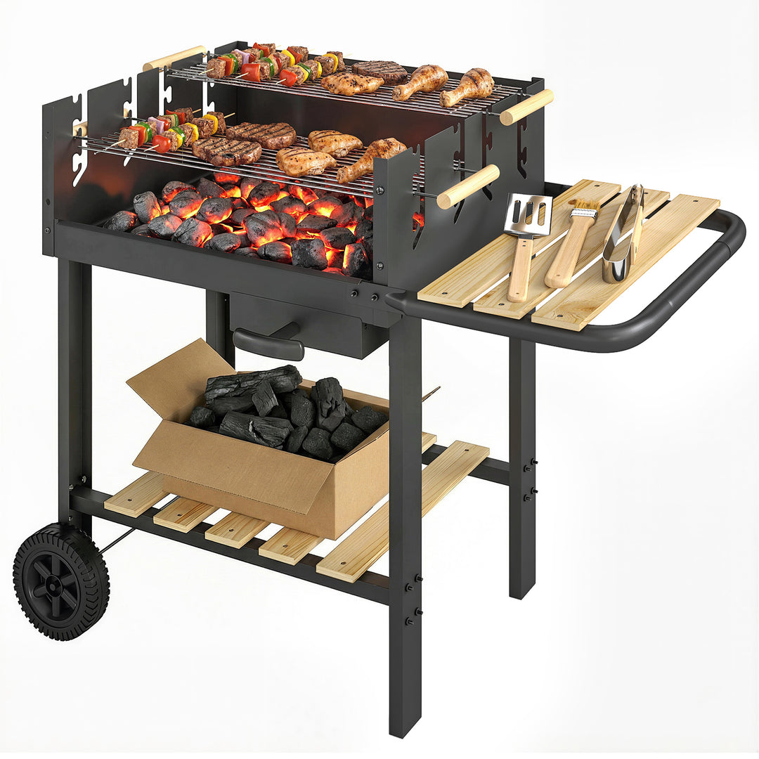 Kulgrillvogn med 4-positioners højdejusterbar grillrist, 2 træhylder, 2 hjul, askebeholder, 99,5 x 58 x 82 cm