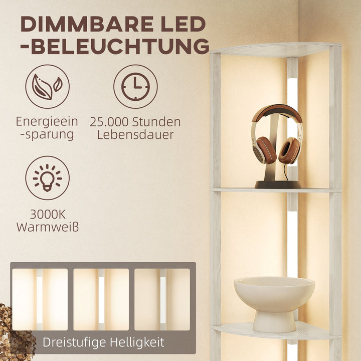 LED gulvlampe, hjørnehylde, dæmpbar, 4 hylder, varmt hvidt lys, 41x30x164cm, eg