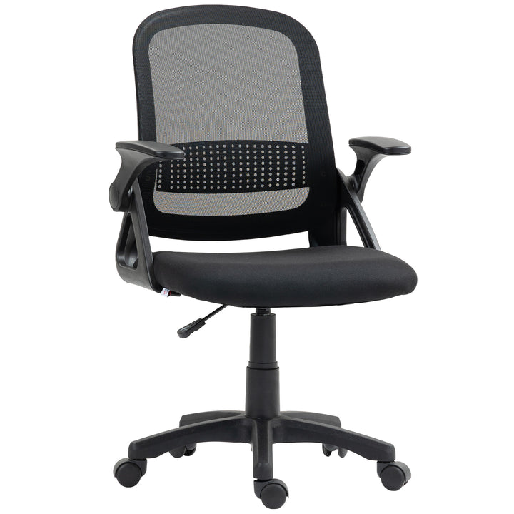 Åndbar netkontorstol, ergonomisk drejestol med foldbare armlæn og lændestøtte, sort