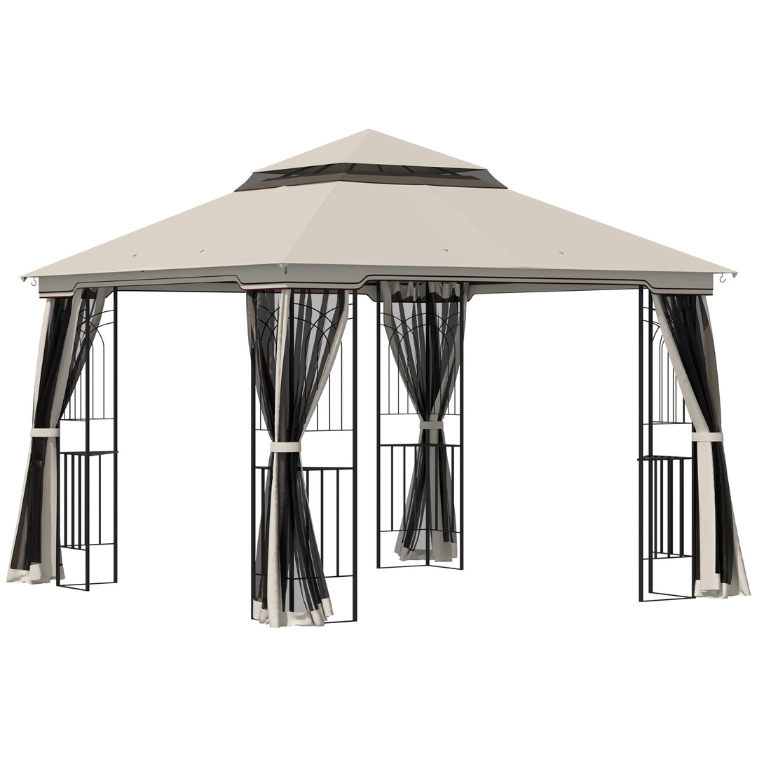 Havepavillon med dobbelttag, pavillon, havetelt, partytelt med 4 sidevægge, metal+polyester, beige, 2,99 x 2,99 x 2,74 m