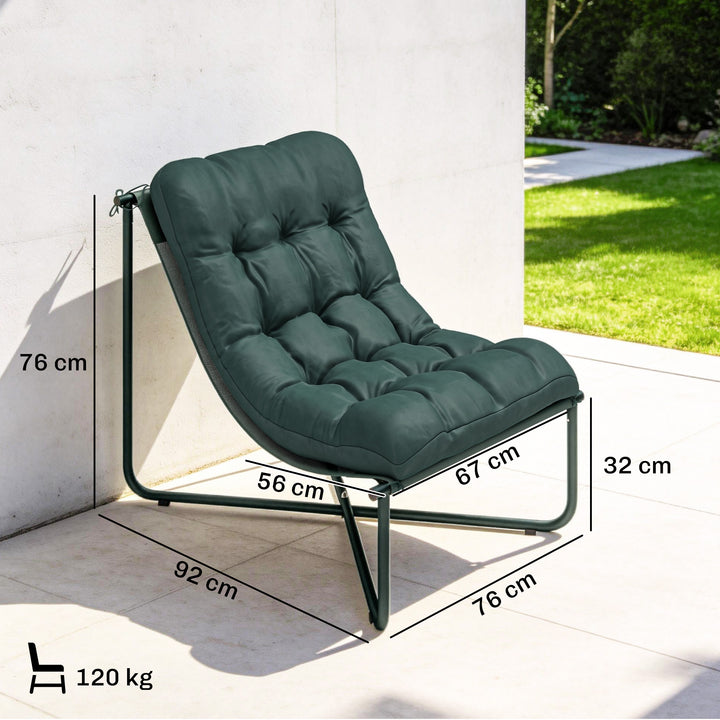 Havestol, havelænestol med hynde, åndbart slyngesæde, stålstel til have/terrasse, 76 x 92 x 76 cm, mørkegrøn