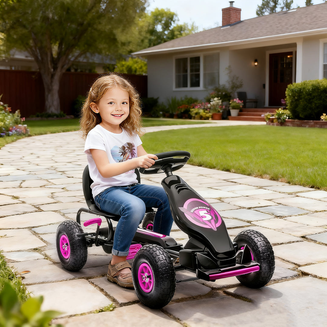 Børne-gokart, med pedaler, justerbart sæde, indendørs og udendørs brug, fra 5 år, pink+sort, 121 x 58 x 61 cm