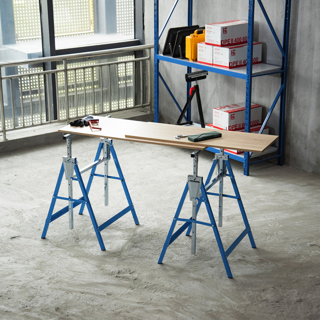 2 X stilladsbukke, foldbar bukke, højdejusterbar op til 200 kg, stålblå, 68 x 58 x 80-130 cm