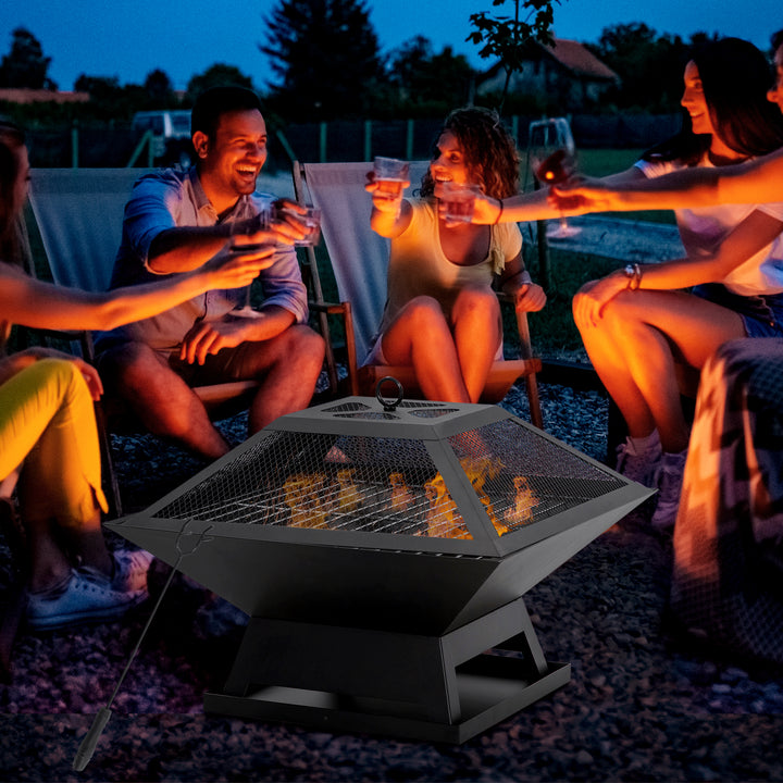 Bålfad 45 x 45 x 34 cm lavet af rustfrit stål bålfad med gnistbeskyttelse poker bålfade bålkurv til have, balkon, grill camping sort