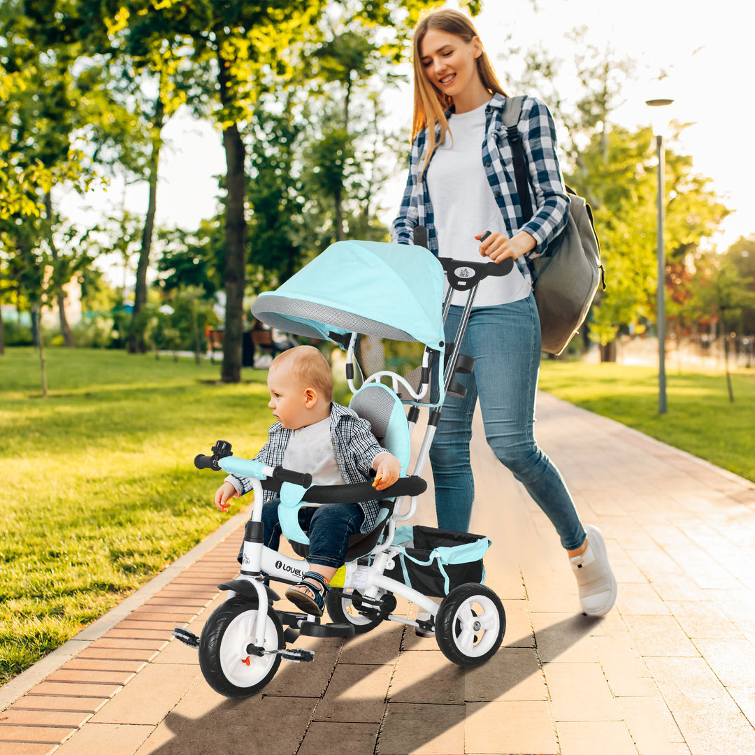 6-I-1 børnetrecykel med skubbehåndtag, kaleche, bælte, opbevaringskurv, til 1-5 år, grøn