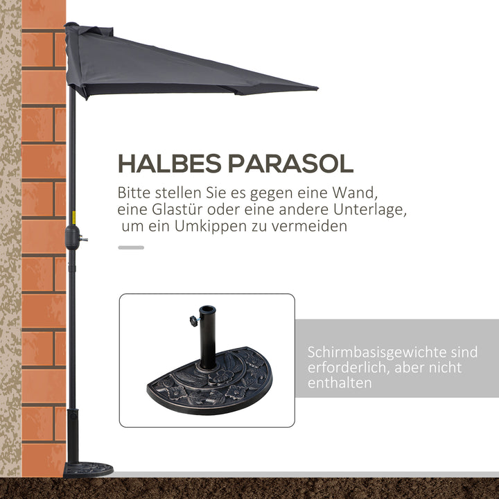 Parasol med håndsvingmekanisme, haveparasol, markedsparasol, metal, halvrund, grå og sort