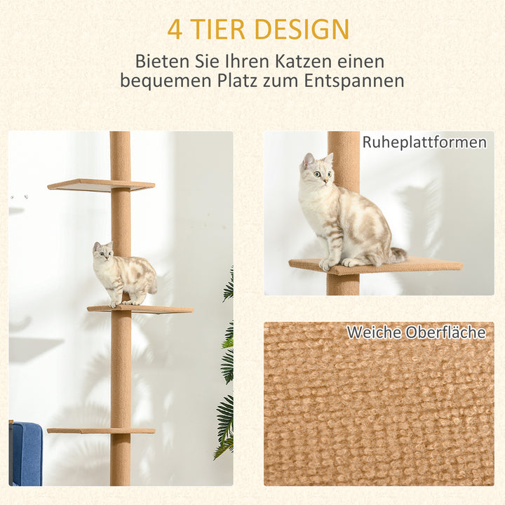 Kradsetræ lofthøjde, 228-260 cm højdejusterbart kradsetræ klatretræ til katte med 3 niveauer, kradsetræ til katte, legetræ fra gulv til loft lysebrun