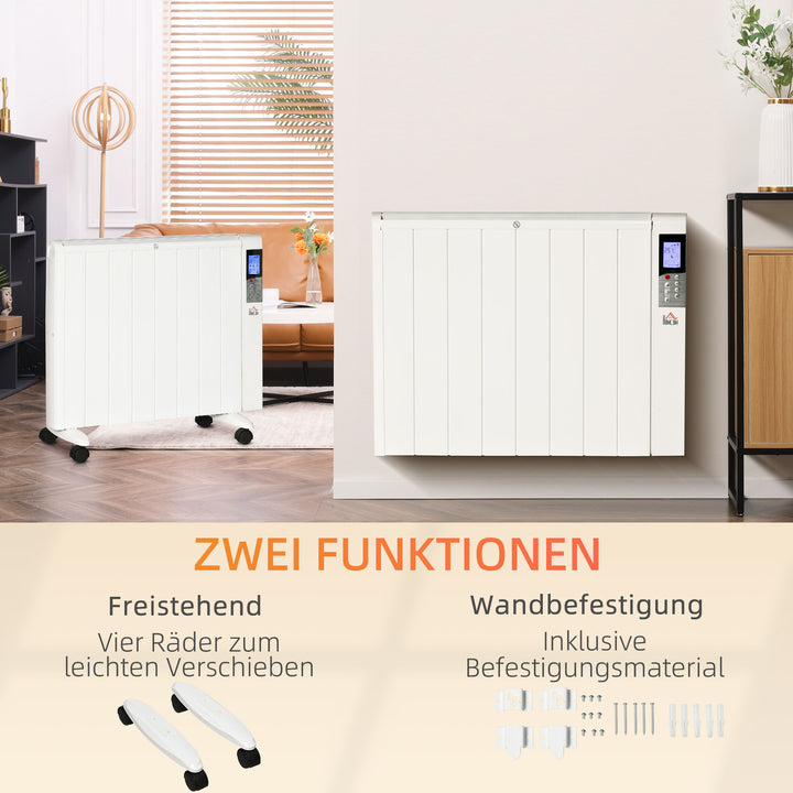 Elektrisk varmelegeme med hjul, 9 forudinstallerede tilstande, vægmonterbar, 5-35°c, hvid, 75 x 7,5 x 58,5 cm