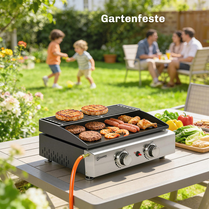 5 kW gasgrill, bærbar bordgrill med 2 brændere, keramisk belægning, grillrist, varmeplade