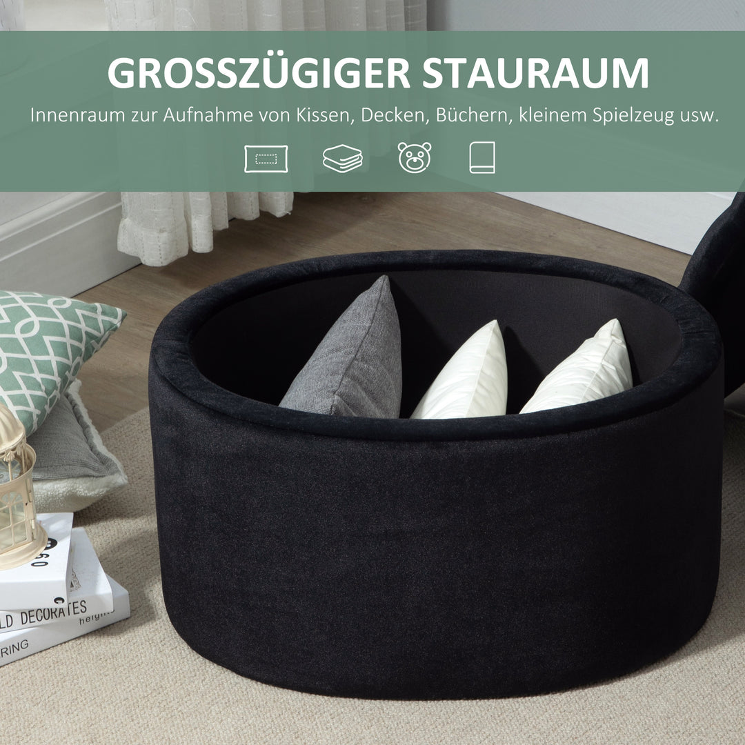 Bænk med opbevaringsplads, polstret bænk med fløjlslook, oval formet kommodebænk til stue, soveværelse, entre, 71 x 52 x 42 cm, sort