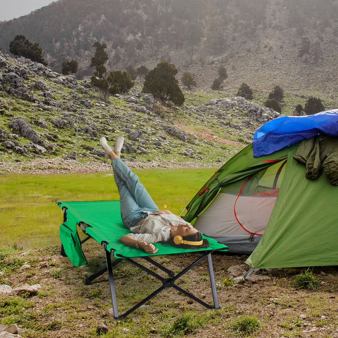 Campingseng, klapseng med sidelomme og kopholder, lasteevne op til 136 kg, stål oxford grøn + sort, 190 x 65 x 40 cm