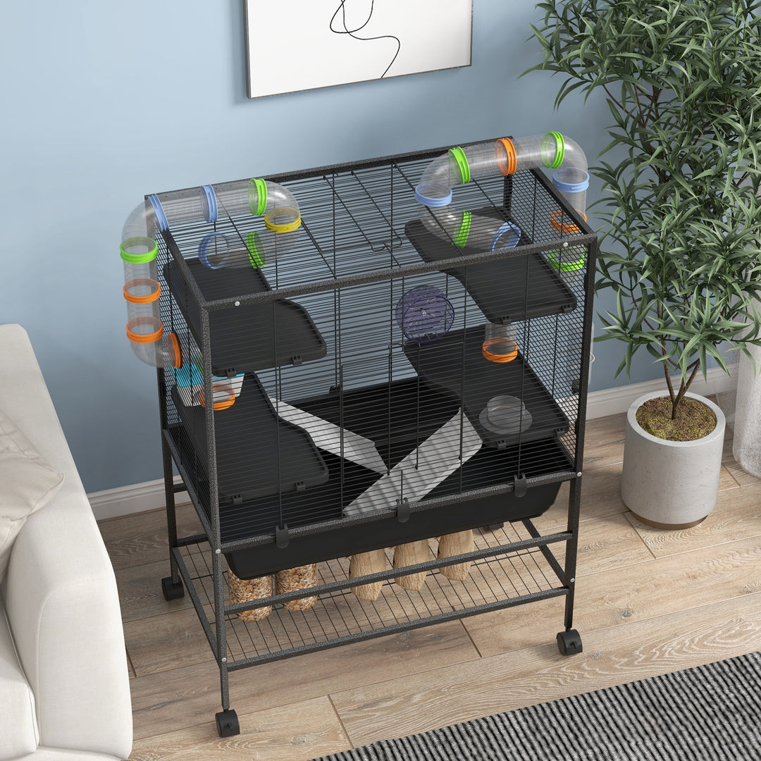 Hamsterbur med rør, træningshjul, hus, vanddispenser, 109 x 82 x 46 cm, sort