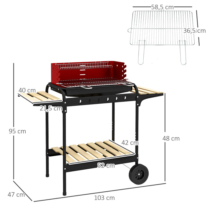 Metalkulgrill BBQ-ryger med hjul, højdejusterbar grillrist, træhylde, 103x47x95 cm, rød