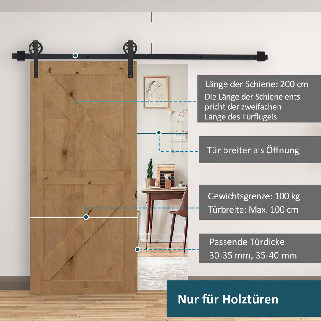 Skydedørsskinnesæt, rustikt design, kulstofstål, 200x4x0,6 cm, op til 90 kg, sort