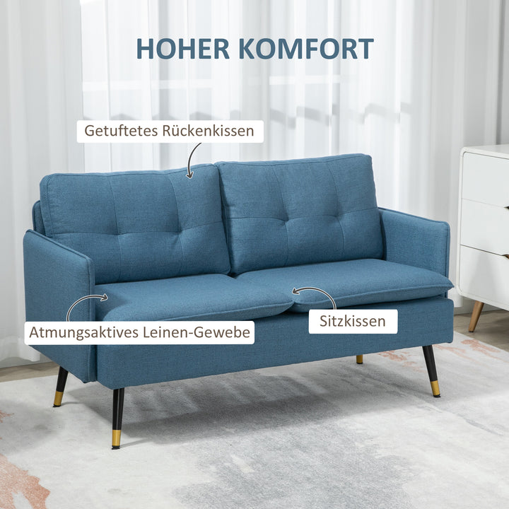 2-Personers sofa i retrodesign, med knapsyninger, sofa, linnedlook, mørkeblå