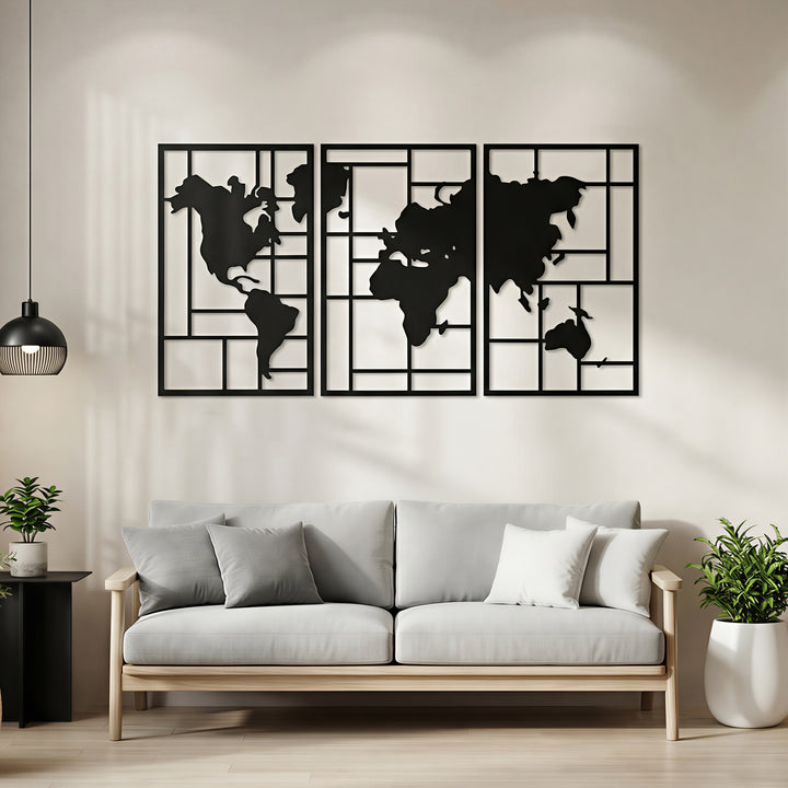 Metal vægdekoration, 3 dele, verdenskort vægkunst til stue, soveværelse, entré, 50 x 80 cm, sort