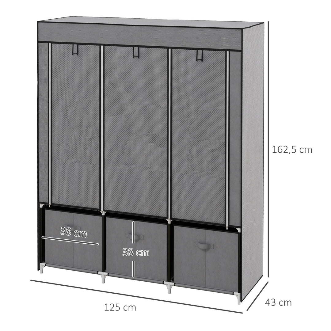Stofgarderobe, foldbar garderobe, inklusive 3 skuffer, 125 cm x 43 cm x 162,5 cm, grå