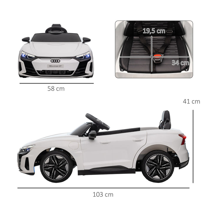 Audi RS e-tron GT elbil til børn med sikkerhedssele, fjernbetjening, forlygter, musikfunktion, hvid, 103 x 58 x 41 cm
