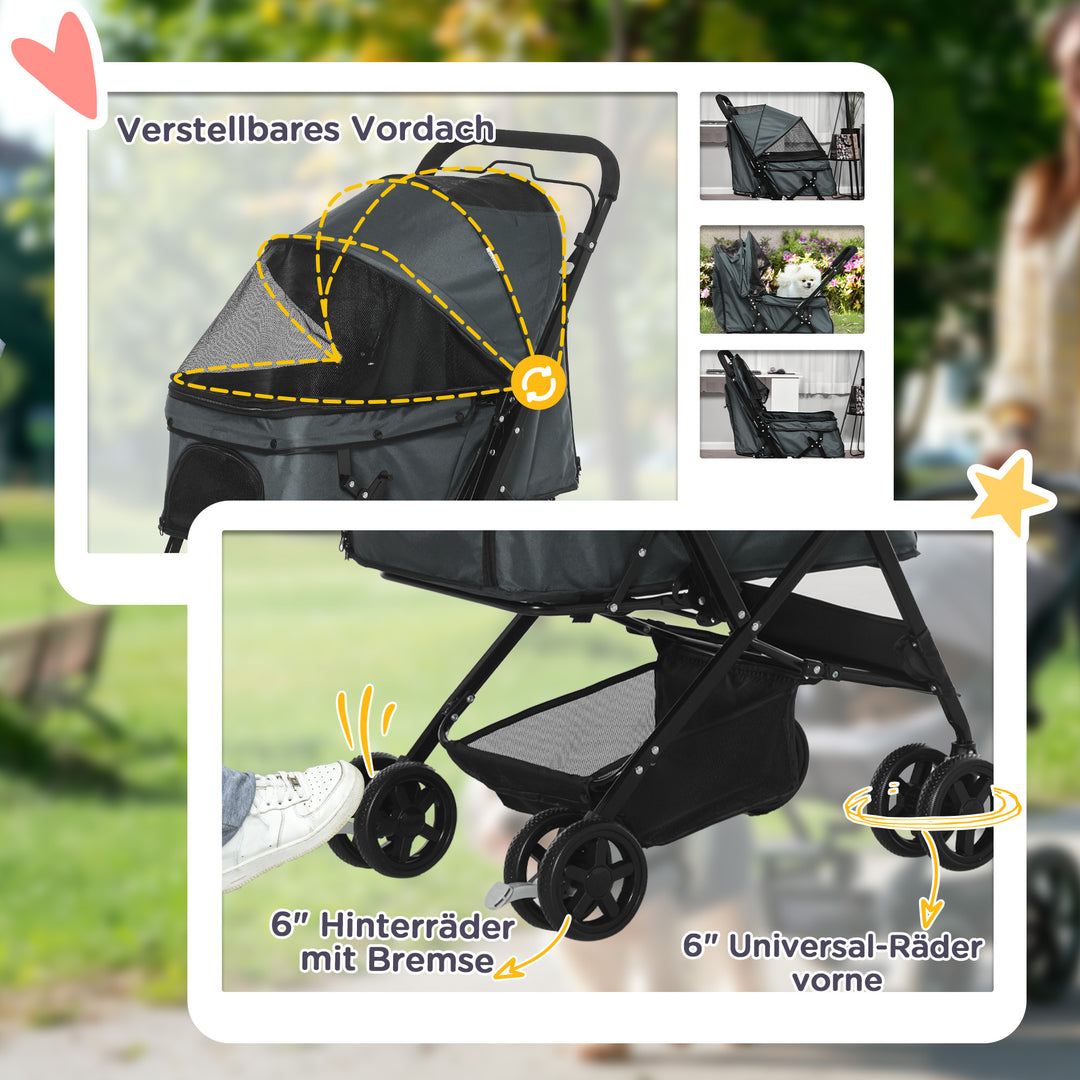 Dog buggy hundevogn op til 10 kg sammenklappelig netkurv med vindue justerbar baldakin mørkegrå 76,5 x 52 x 95 cm