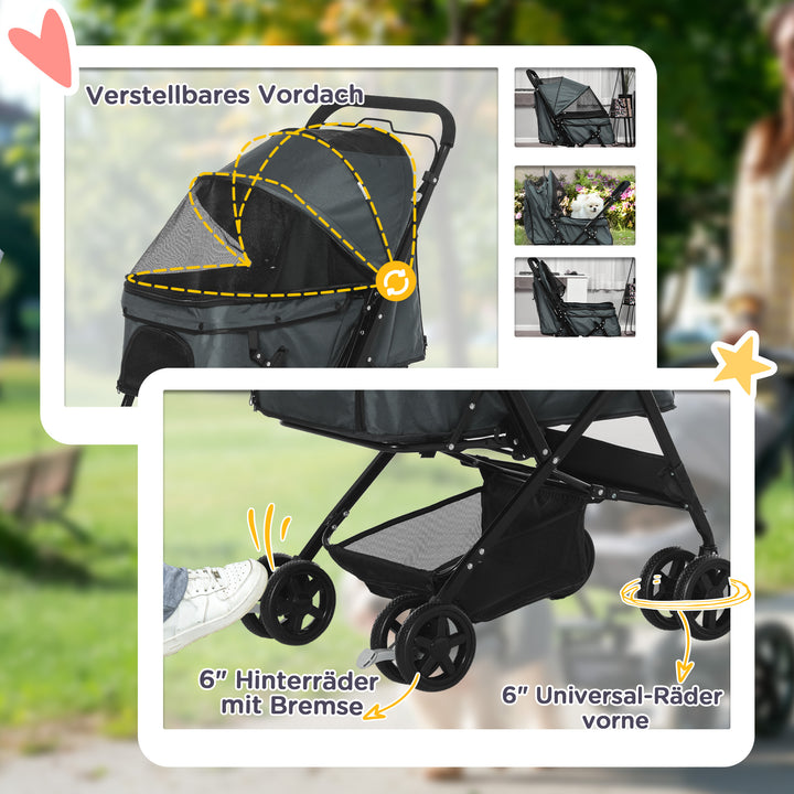 Dog buggy hundevogn op til 10 kg sammenklappelig netkurv med vindue justerbar baldakin mørkegrå 76,5 x 52 x 95 cm