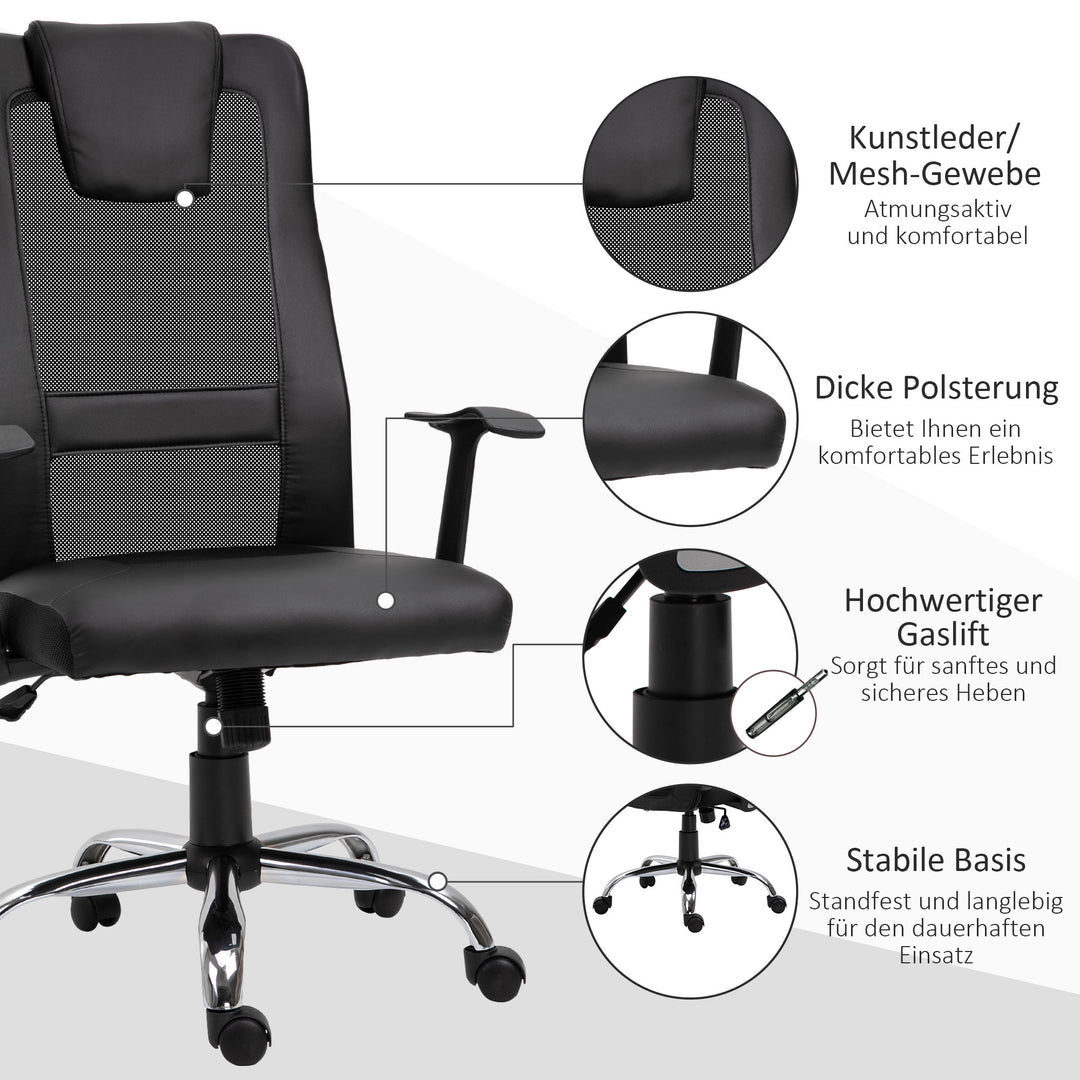 Kontorstol drejestol højdejusterbar lederstol skrivebordsstol ergonomisk pu sort 66 x 73 x 108-118 cm