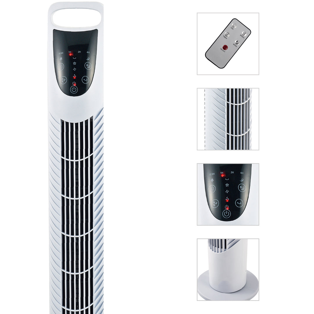 Tårnventilator, 3 tilstande, stille drift, timer, fjernbetjening, 18x78,5 cm, hvid