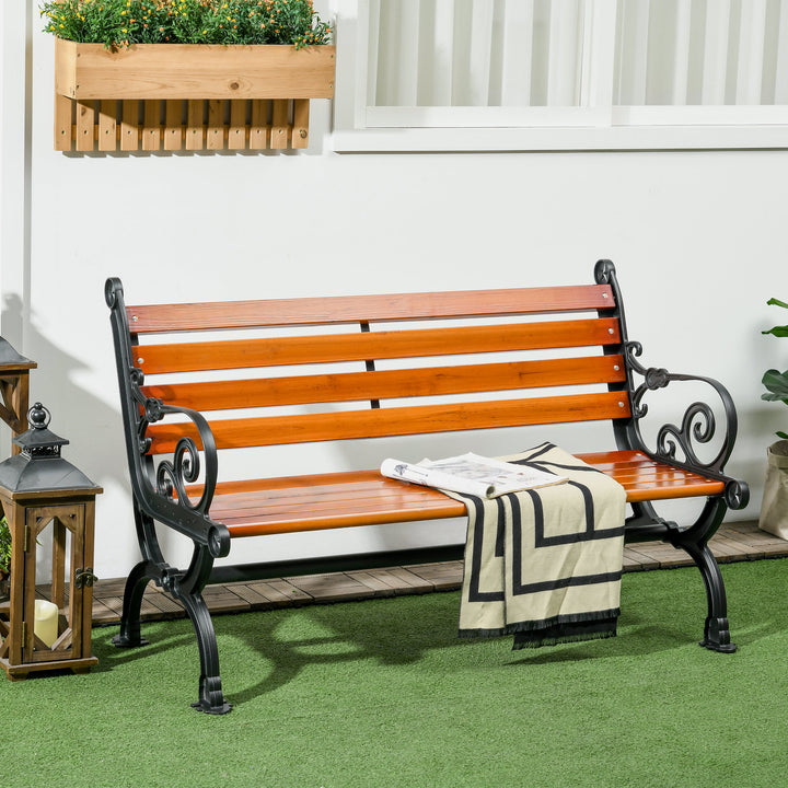 2-personers bænk med dekorative armlæn, til have og terrasse, støbt aluminium + naturtræ, 120 x 64 x 79 cm, teaktræ