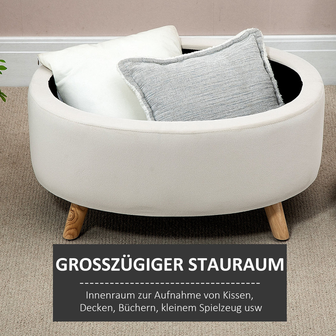 Bænk med opbevaringsplads, skammel, oval form, fløjlslook, op til 120 kg, 71 x 51,5 x 42 cm, beige