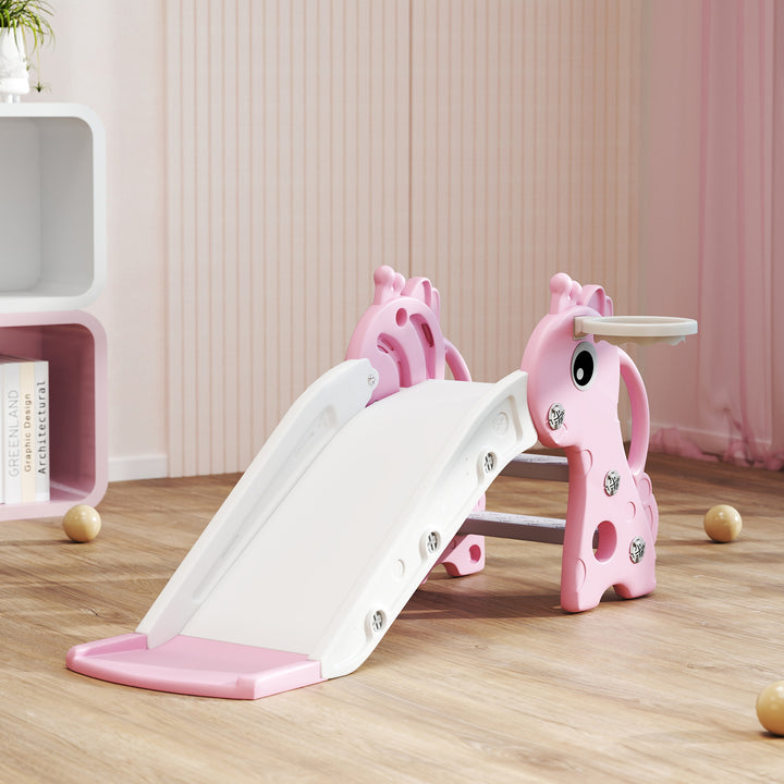 3-i-1 rutsjebane til børn, girafformet, basketballkurv, bold, pink