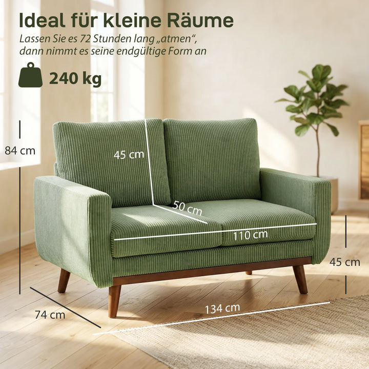 2-personers sofa, 134 cm fløjlssofa med pocketfjedre, tyk ryglæn, trælameldetaljer, grøn
