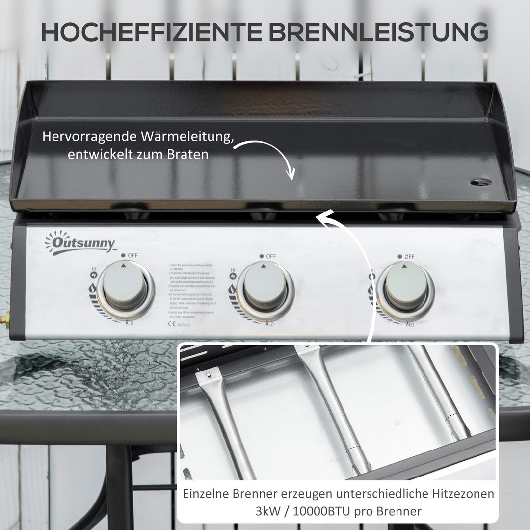 Gasgrill med 3 brændere, slange, non-stick grillplade, rustfrit stål, farve: sølv, 63 x 48 x 21 cm