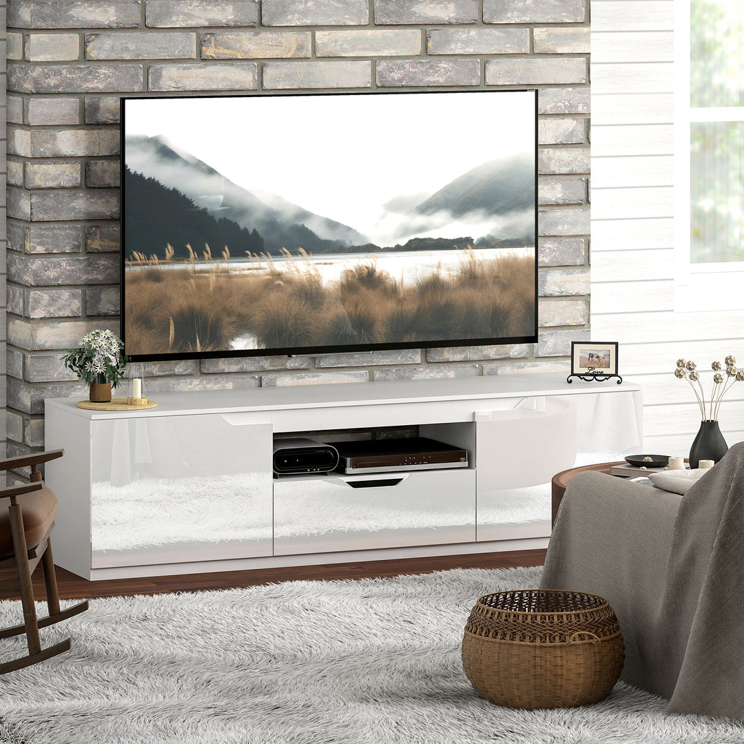Tv-lavbord, højglans, til tv op til 65'', 3 rum, skuffe, 160 x 38 x 43 cm, hvid