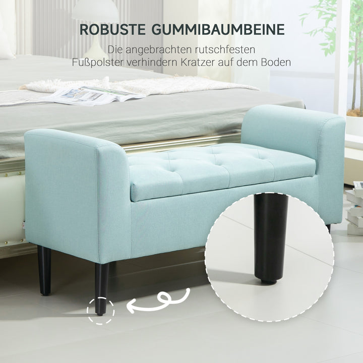 Bænk, polstret bænk med opbevaring, hørlignende polyester, gummitræ, 100 x 40 x 44 cm, grøn