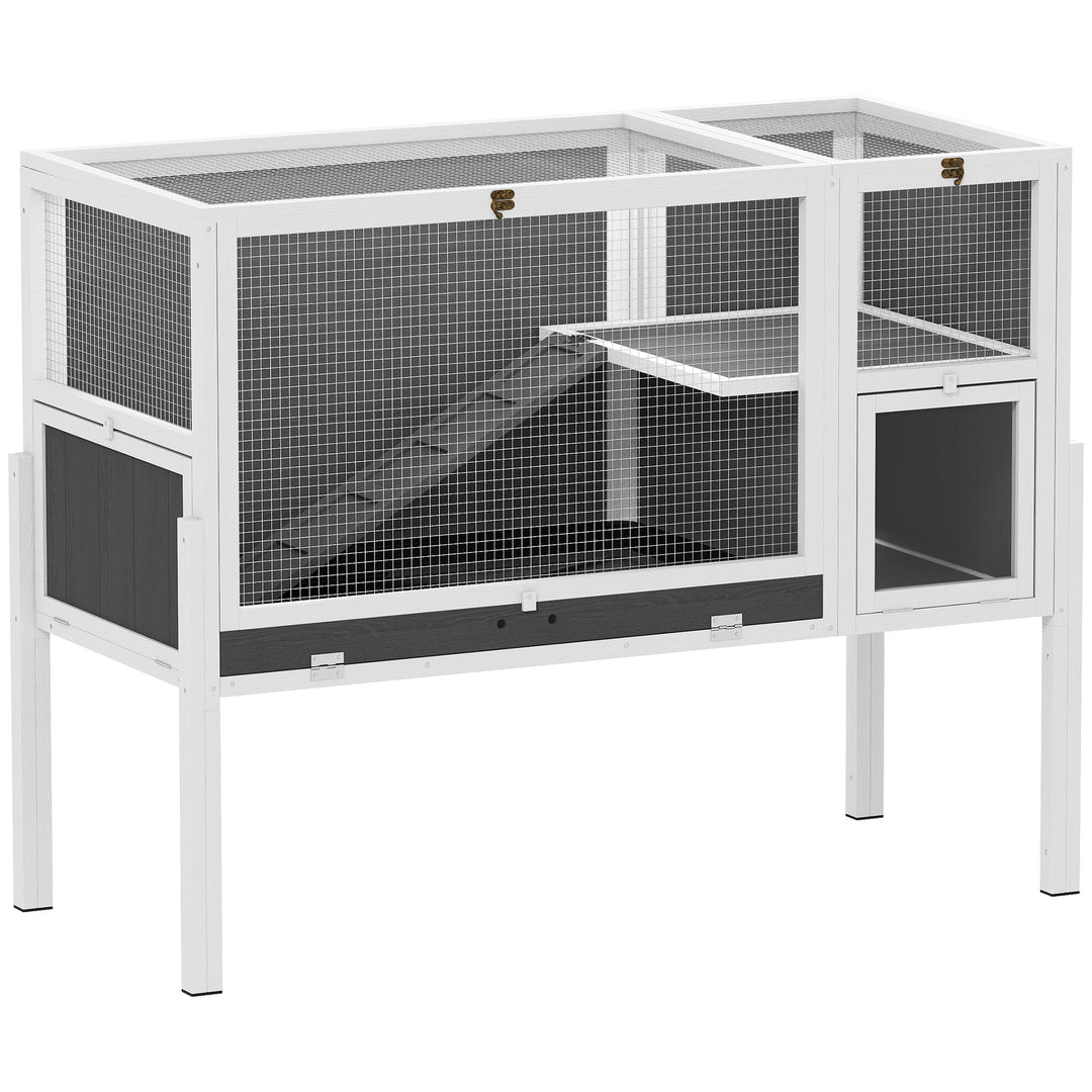Smådyrsbur til dværghamstere, kaniner, marsvin, med tilbehør, hævet design, træ, metal, grå