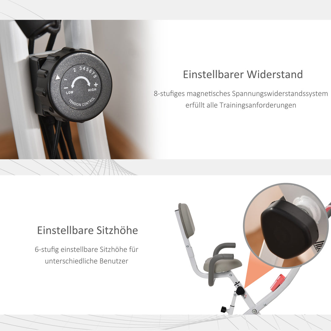 2-i-1 motionscykel med LCD-display, justerbar pulsmåler, sæde og hjul; foldbar motionscykel med 8 niveauer af magnetisk modstand, spændekabel og stålstel.