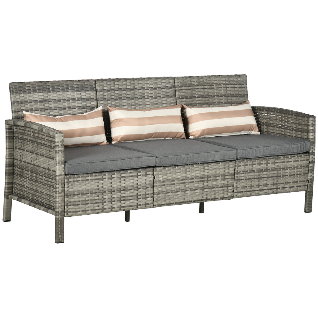 Rattan sofa med hynder, tre-personers, havelounge sofa, stål, grå, 173 x 68 x 78 cm