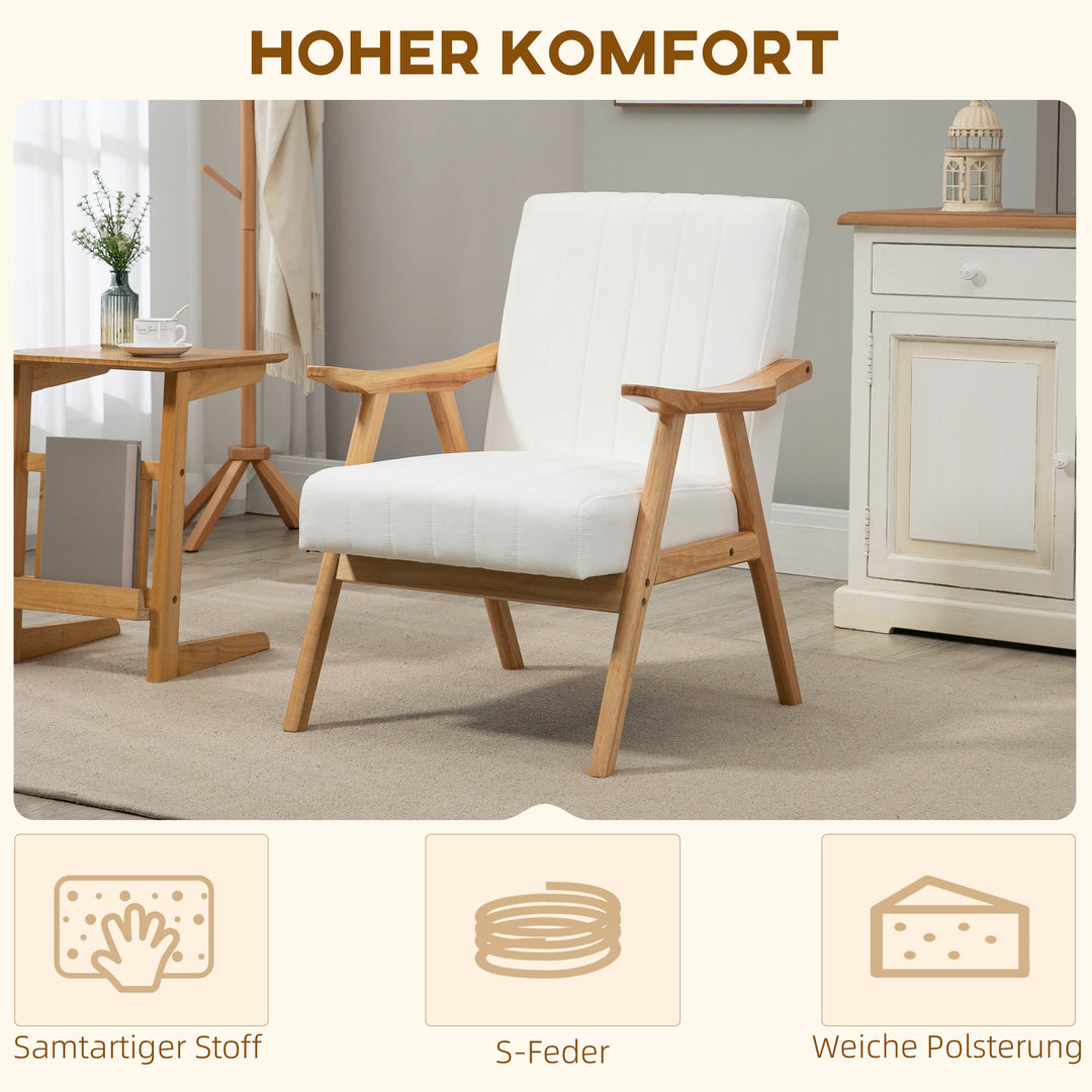 Polstret lænestol i skandinavisk design, fløjlslook, massivt træstel, 68 x 74 x 82 cm, natur + creme