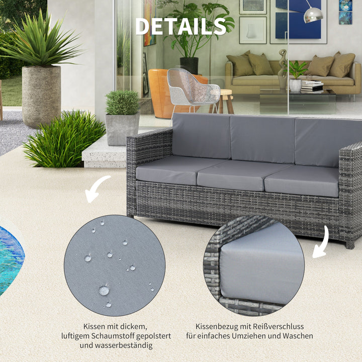 Polyrattansofa med hynder, 3-personers haveloungesofa, metal, polyester, grå, 185 x 70 x 80 cm