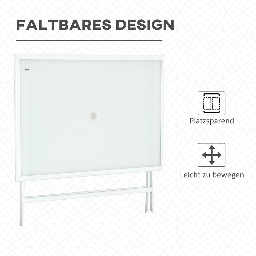 Klapbord havebord med 42 mm 50 mm paraplyhul klapbord foldbart sidebord balkonbord picnicbord spisebord metal hærdet glas hvid 110 x 70 x 70 cm